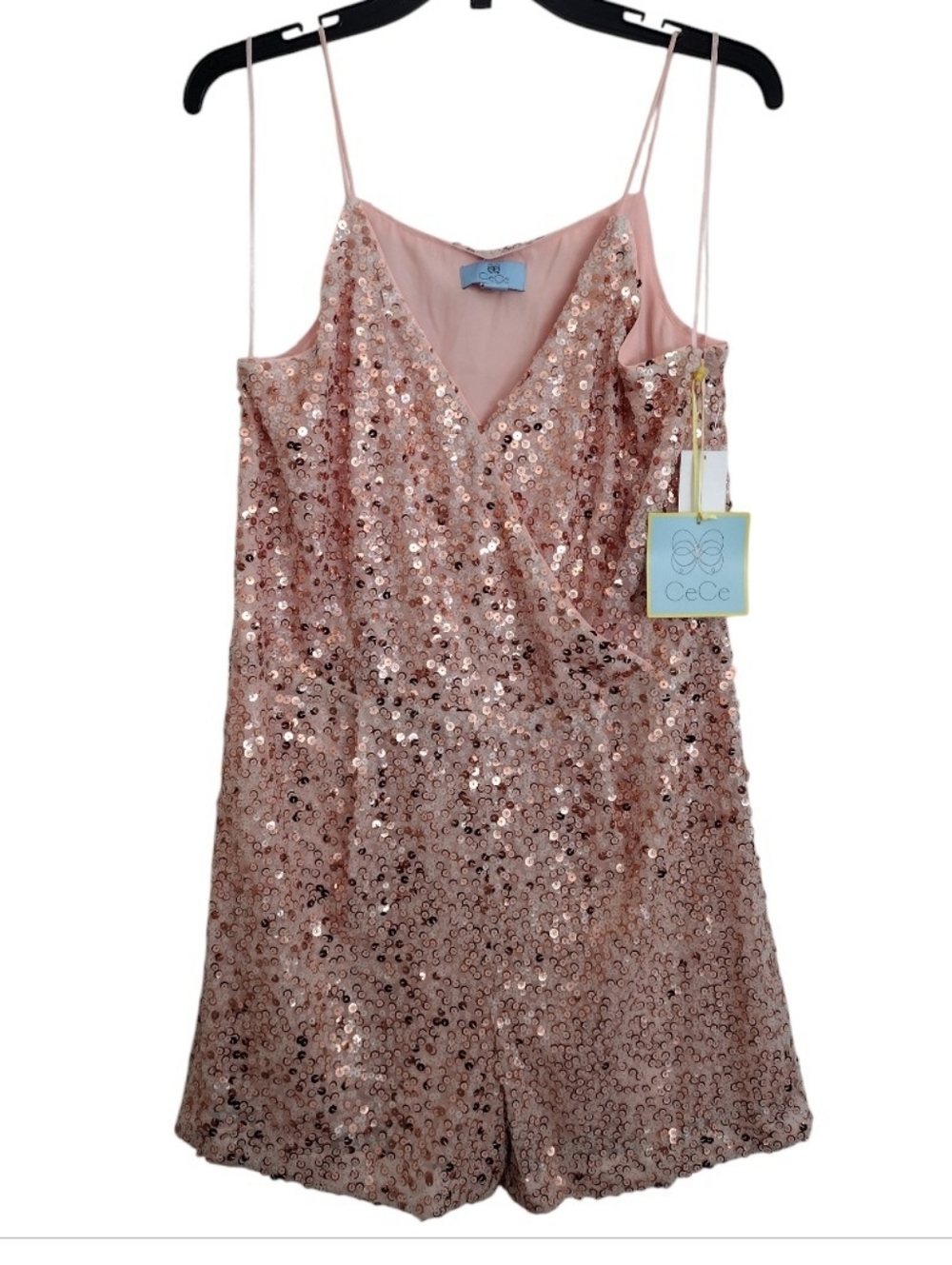 CeCe Desert Floral Sleeveless Sequin Crossover Romper In Peach Mimosa Size 10